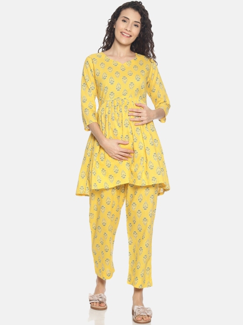 

The Mom Store Women Yellow & Grey Printed Maternity Kurti with Trousers