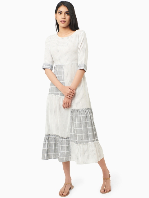 

IMARA Women White & Grey Checked A-Line Dress