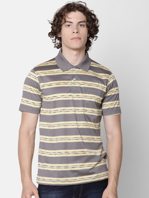 

IMYOUNG Men Grey & Yellow Striped Polo Collar T-shirt