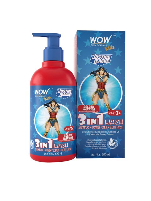 

WOW SKIN SCIENCE Kids 3 in 1 Wash- Golden Warrior Wonder Woman Edition 300 ml, Blue