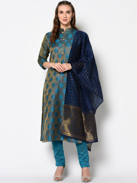 

DIVASTRI Teal Blue & Gold-Coloured Silk Blend Unstitched Dress Material