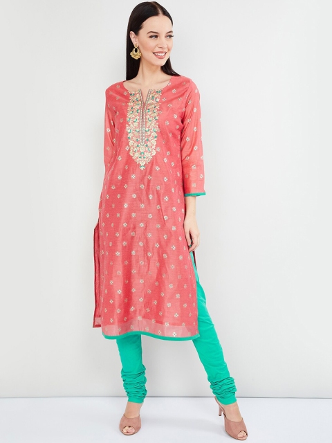 

max Women Coral & Green Embroidered Kurta with Churidar & Dupatta
