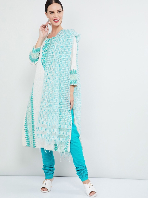 

max Women Off-White & Turquoise Blue Embroidered Kurta with Churidar & Dupatta