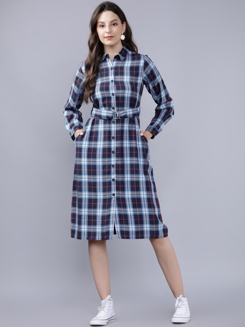 

Tokyo Talkies Women Navy Blue & White Checked Shirt Dress