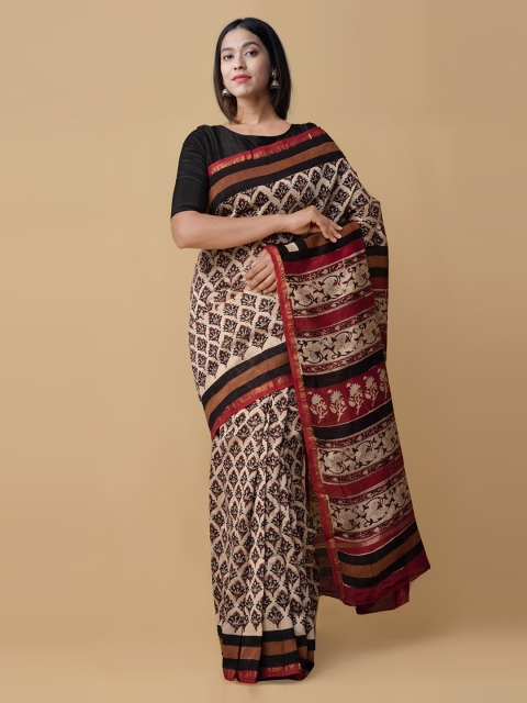 

Unnati Silks Beige & Black Bagru Printed Chanderi Saree