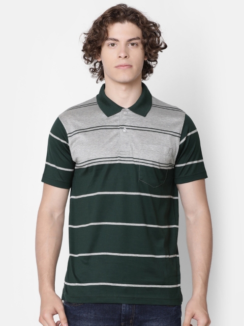 

IMYOUNG Men Green & Grey Striped Polo Collar T-shirt