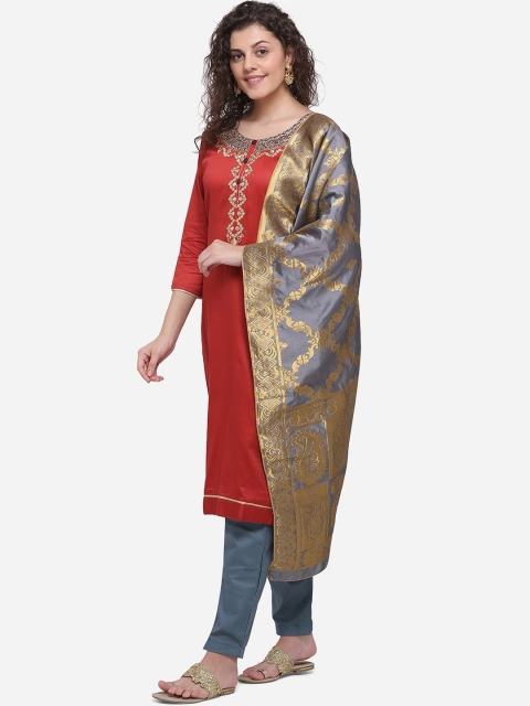 

DIVASTRI Brown & Grey Cotton Blend Unstitched Dress Material