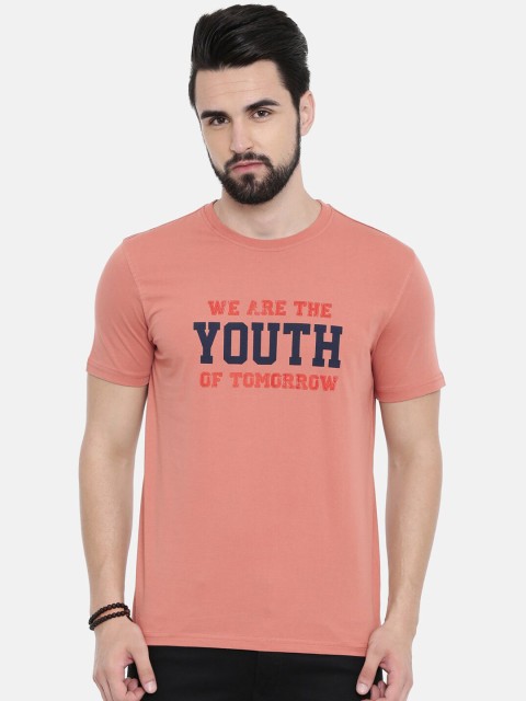 

IMYOUNG Men Peach-Coloured Printed Round Neck T-shirt
