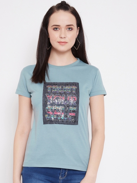 

Plagg Women Sea Green Printed Round Neck T-shirt