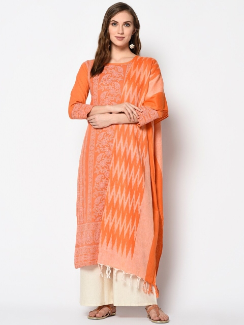 

DIVASTRI Orange & Off-White Cotton Blend Unstitched Dress Material