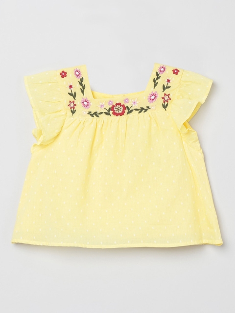 

max Girls Yellow Embroidered A-Line Pure Cotton Top