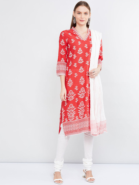 

max Women Red & White Printed Kurta with Churidar & Dupatta
