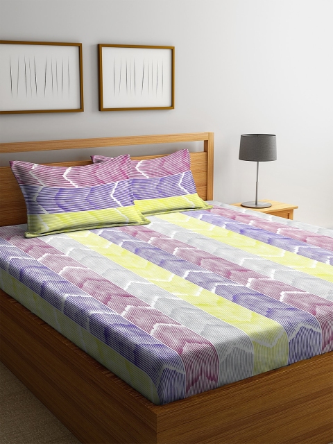 

BOMBAY DYEING Purple & Yellow Striped 120 TC Cotton 1 Queen Bedsheet with 2 Pillow Covers
