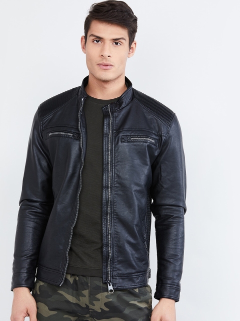 

max Men Black Solid Biker Jacket