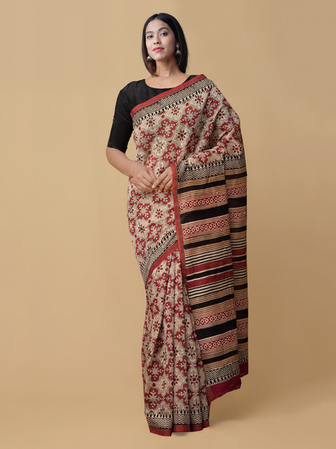 

Unnati Silks Red & Cream-Coloured Silk Cotton Printed Chanderi Saree