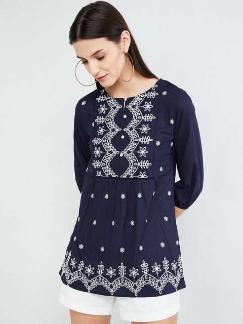 

max Women Blue & Off-White Embroidered Tunic