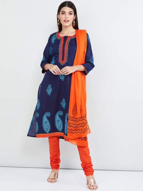 

max Women Blue & Orange Printed Kurta with Churidar & Dupatta