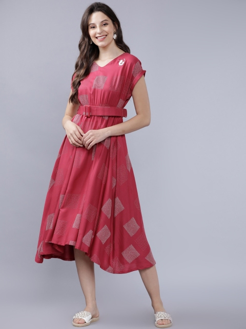 

Vishudh Women Pink Checked Fit and Flare Dress