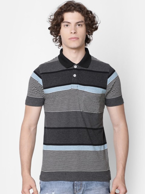 

IMYOUNG Men Black & Blue Striped Polo Collar T-shirt
