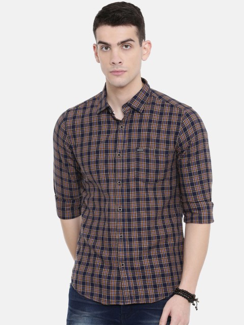 

IMYOUNG Men Navy Blue & Orange Slim Fit Checked Casual Shirt