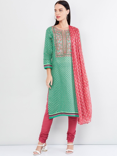 

max Women Green Printed Kurta with Churidar & Dupatta