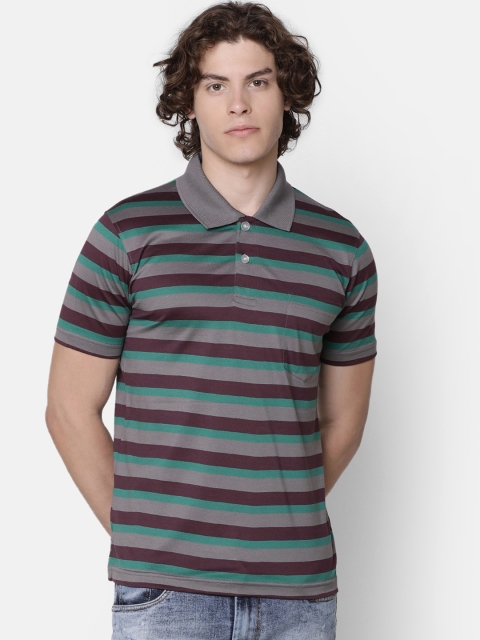 

IMYOUNG Men Green & Grey Striped Polo Collar T-shirt
