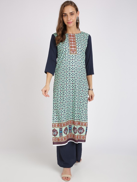 

Silk Bazar Women Green & Navy Blue Printed Kurta with Palazzos