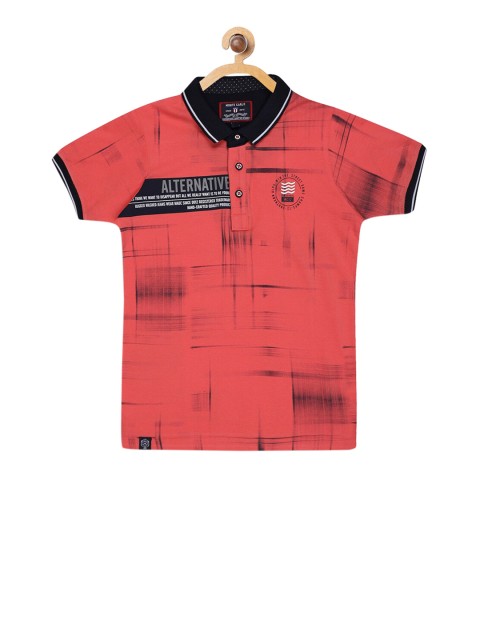 

Monte Carlo Boys Peach-Coloured Printed Polo Collar T-shirt