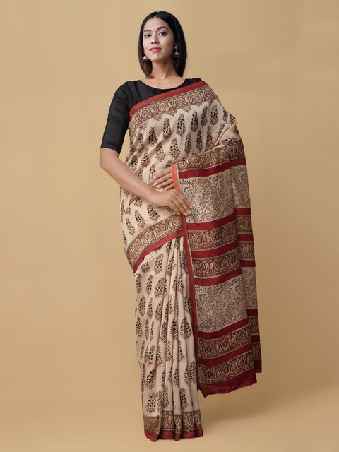 

Unnati Silks Beige & Red Silk Cotton Printed Chanderi Saree