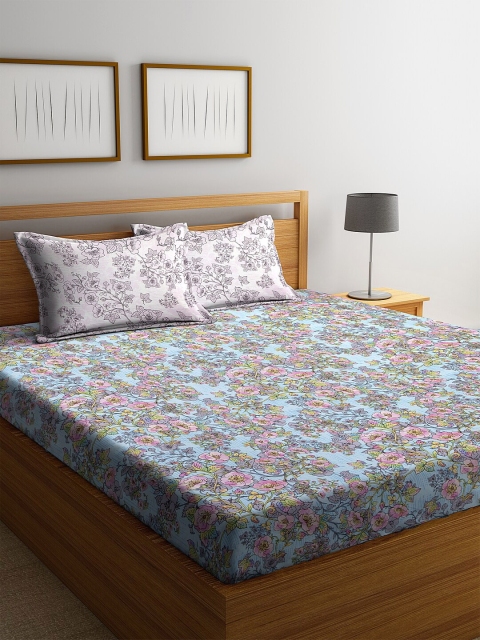 

BOMBAY DYEING Blue & Pink Floral 120 TC Cotton 1 Queen Bedsheet with 2 Pillow Covers