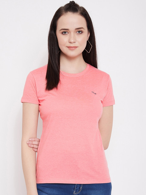 

Plagg Women Peach-Coloured Solid Round Neck T-shirt