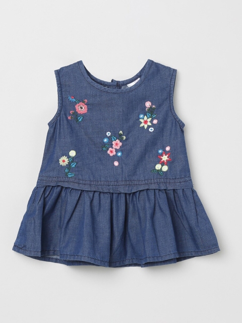 max Girls Blue Embroidered A-Line Pure Cotton Top