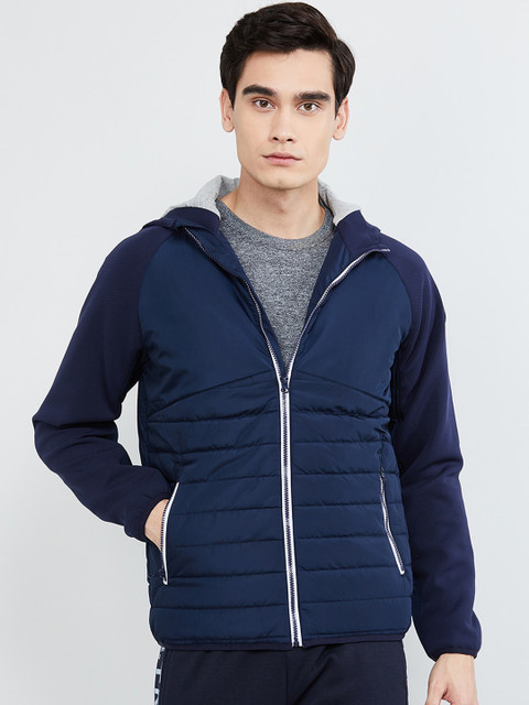 

max Men Navy Blue Solid Hooded Padded Jacket