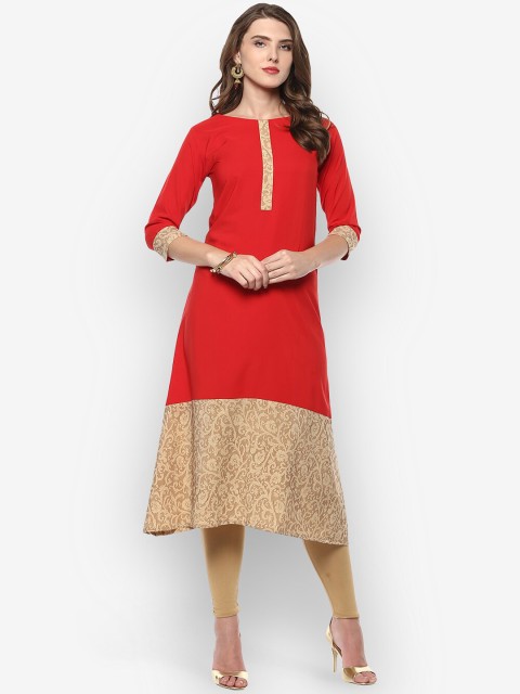 

Janasya Women Red & Gold-Toned Solid A-Line Kurta
