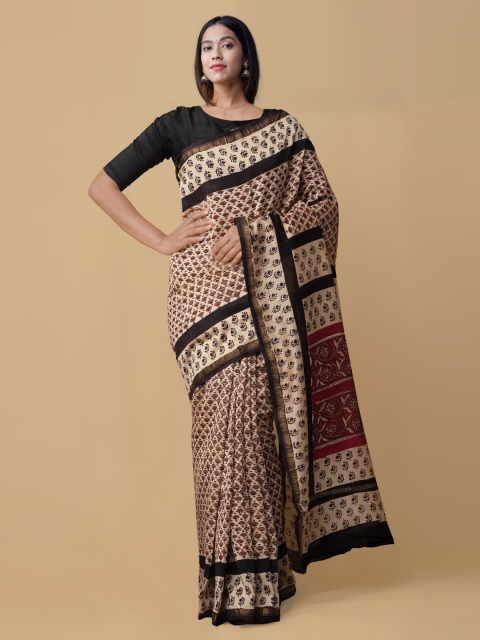 

Unnati Silks Women Beige & Black Pure Chanderi Sico Saree with Bagru Prints