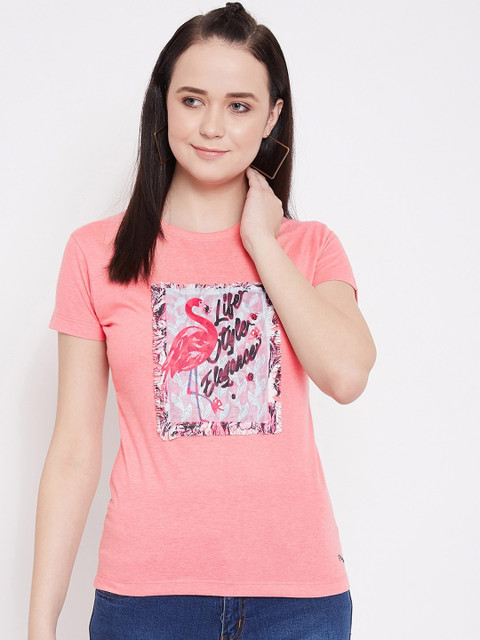 

Plagg Women Peach-Coloured Printed Round Neck T-shirt