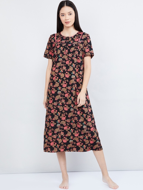 

max Black & Pink Floral Printed Nightdress