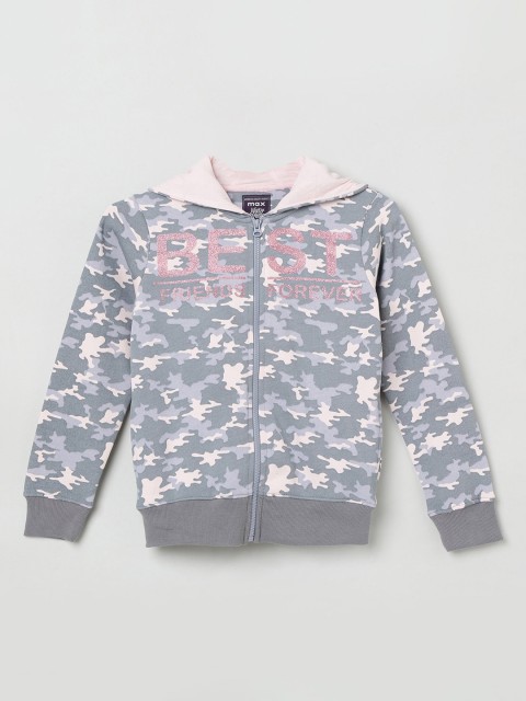 

max Girls Grey & Off-White Camouflage Print Hooded Sweatshirt