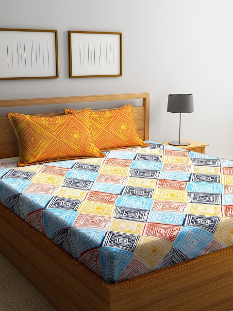 

BOMBAY DYEING Orange & Blue Geometric 120 TC Cotton 1 Queen Bedsheet with 2 Pillow Covers
