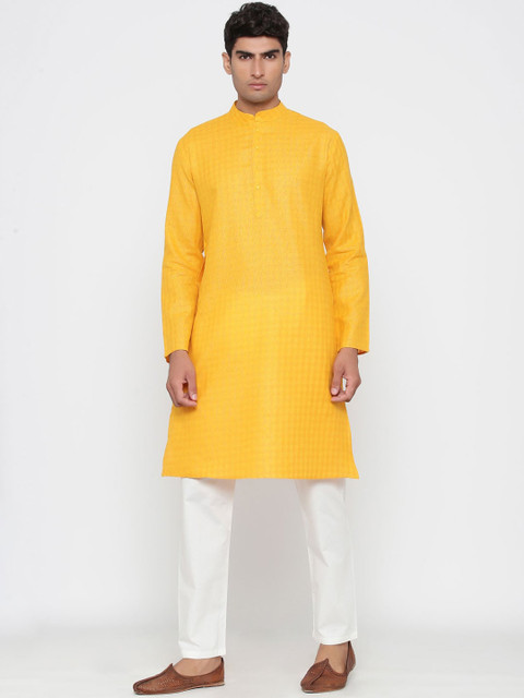 

Tistabene Men Yellow Self Design Kurta with Pyjamas