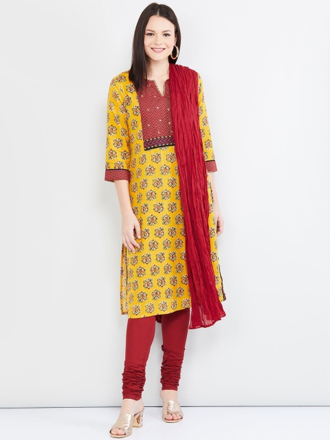 

max Women Yellow & Maroon Printed Kurta with Churidar & Dupatta