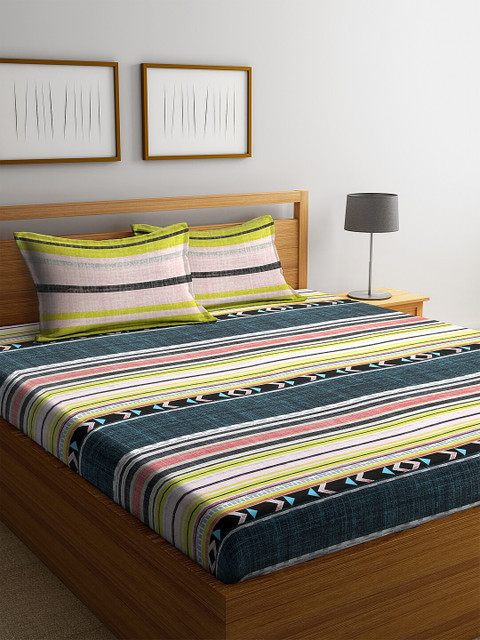 

BOMBAY DYEING Blue & Lime Green Geometric 120 TC Cotton 1 Queen Bedsheet with 2 Pillow Covers