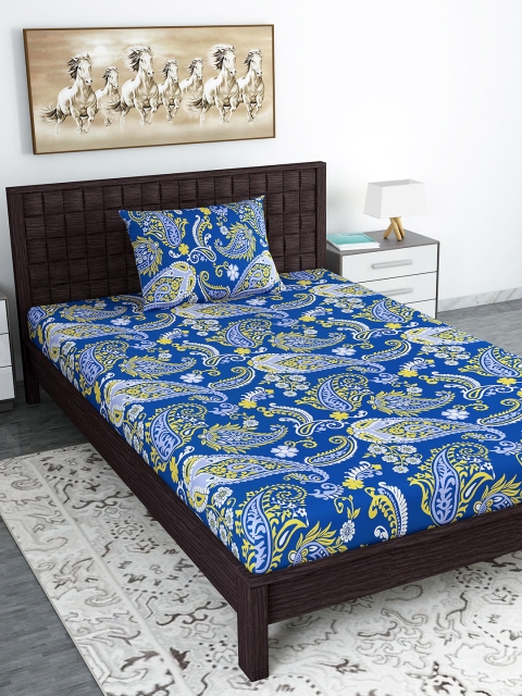

Divine Casa Blue & Yellow Ethnic Motifs 180 TC Cotton 1 Single Bedsheet with 1 Pillow Covers