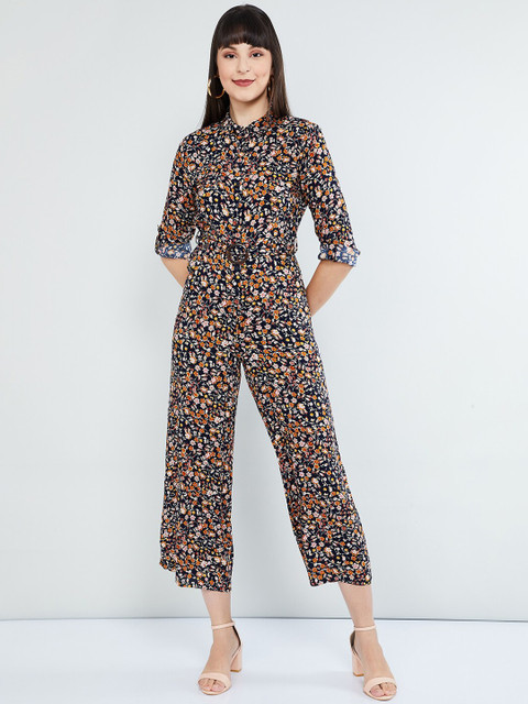 

max Women Navy Blue & Yellow Printed Basic Jumpsuit