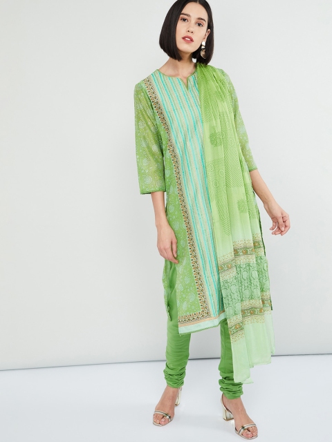 

max Women Green Printed Kurta with Churidar & Dupatta