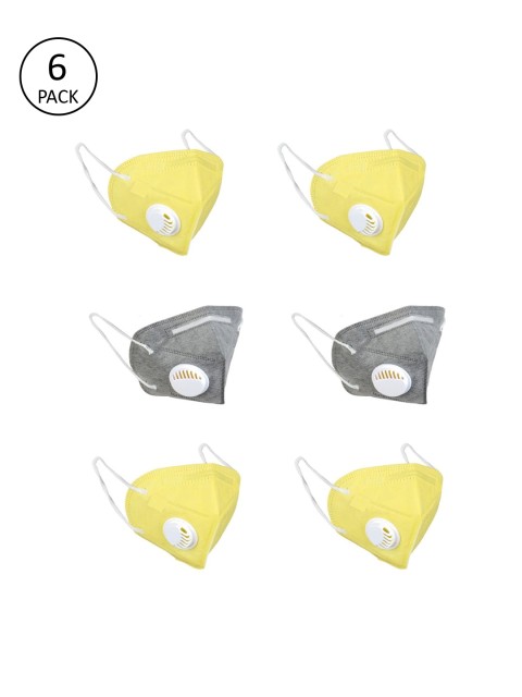 

OOMPH Unisex Pack of 6 Pcs Yellow & Grey 5-Ply Reusable N95 Masks With Valve