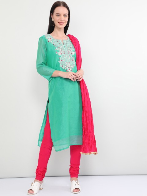 

max Women Green & Pink Embroidered Kurta with Churidar & Dupatta