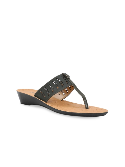 

Bata Women Green Laser Cut PU T-Strap Flats