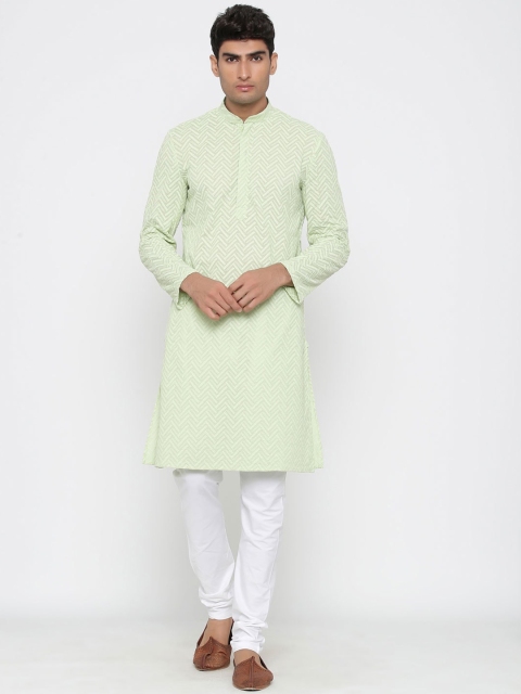 Tistabene Men Green & White Chikankari Embroidered Kurta with Pyjamas