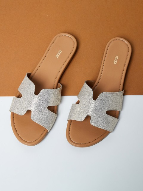 

max Women Gold-Toned Solid PU Open Toe Flats